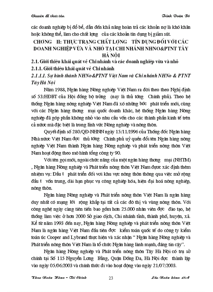 image for page Giải pháp nâng cao chất lượng tín dụng đối với các Doanh nghiệp vừa và nhỏ tại Chi nhánh Ngân hàng Nông nghiệp và Phát triển Nông thôn Tây Hà Nội