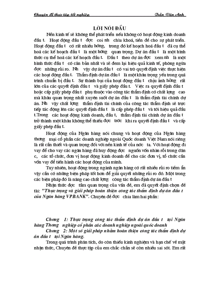 Thực trạng và Giải pháp hoàn thiện công tác thẩm định dự án đầu tư của Ngân hàng VPBANK