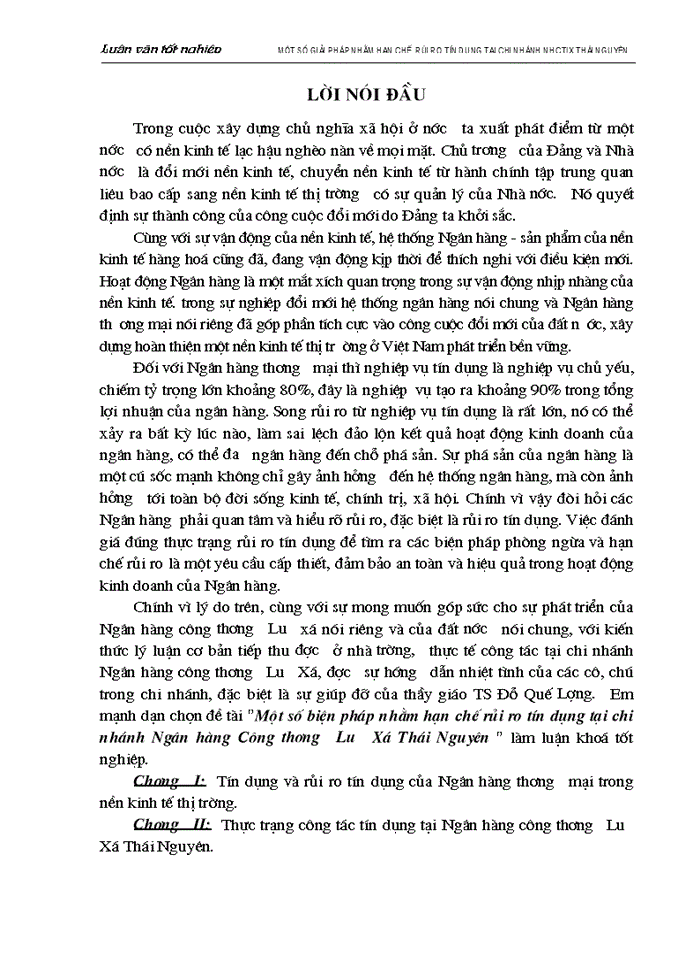 Một số Giải pháp nhằm hạn chế rủi ro tín dụng tại chi nhánh Ngân hàng Công thươngLX Thái Nguyên