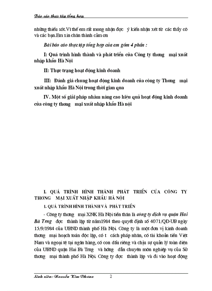 Báo cáo Tại về Công ty Thương mại Xuất nhập khẩu Hà Nội