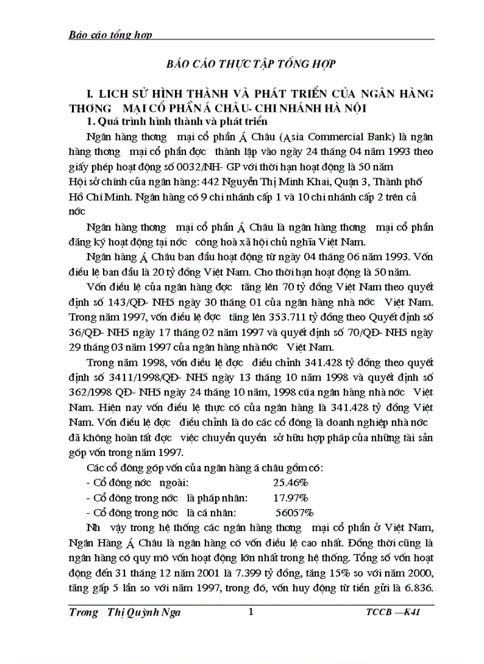 image for page Báo cáo tổng hợp tại Ngân hàng Thương mại cổ phần á châu- Chi nhánh Hà Nội