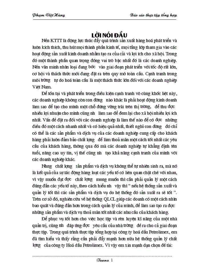 Báo cáo Tại tại Công ty dầu nhờn Petrolimex