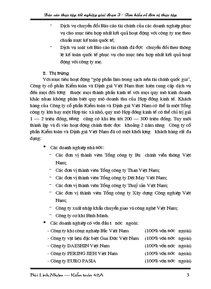 Báo cáo Tại tại Công ty cổ phần Kiểm toán và Định giá Việt Nam