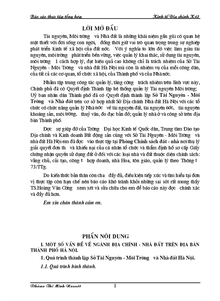 Báo cáo Tại về ngành địa chính - Nhà đất trên địa bàn Thành phố Hà Nội
