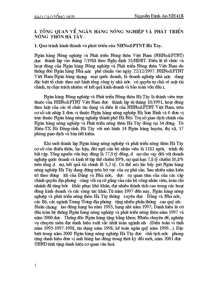 Báo cáo Tại tại Ngân hàng Nông nghiệp và Phát triển Nông thôn Hà Tây