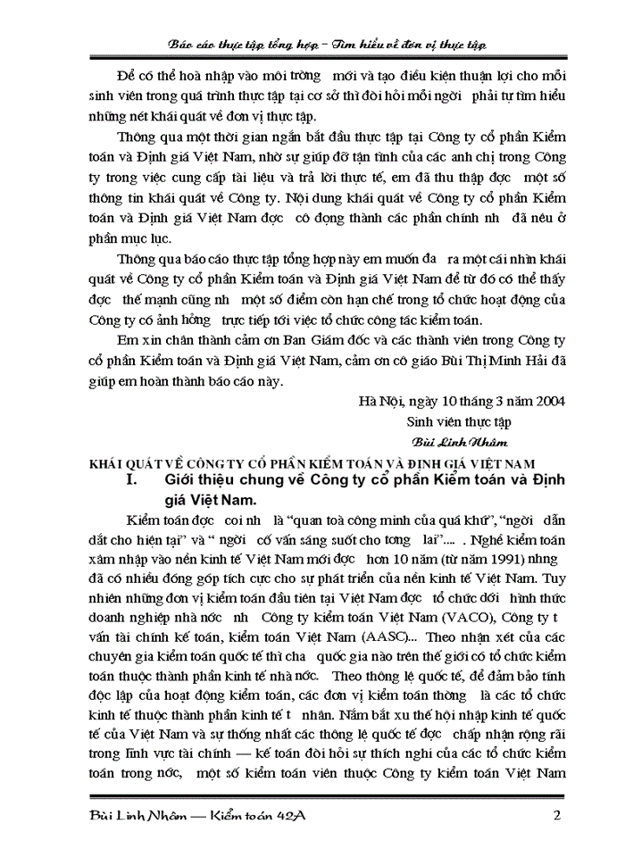 Khái quát về Công ty cổ phần Kiểm toán và Định giá Việt Nam