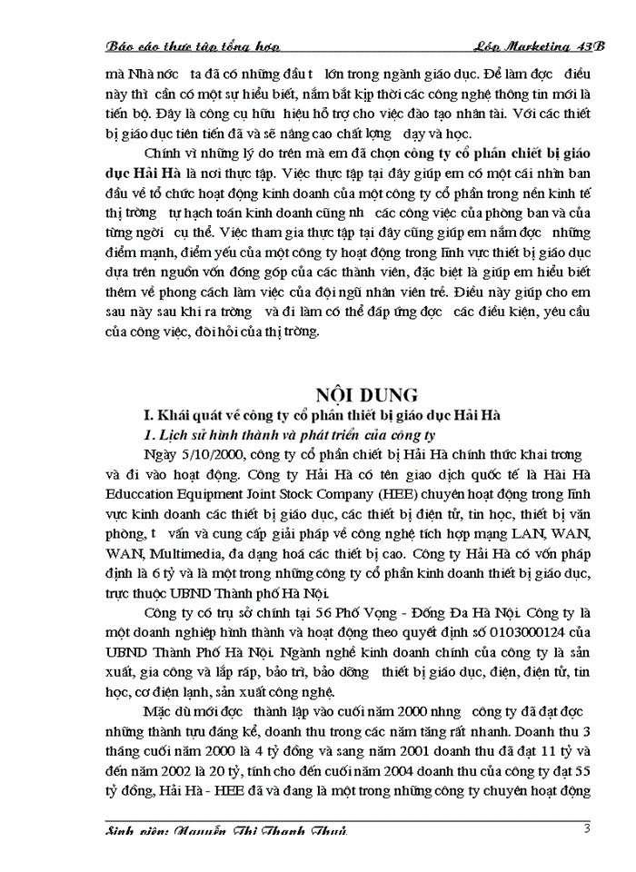 Báo cáo Tại Công ty cổ phần chiết bị giáo dục Hải Hà