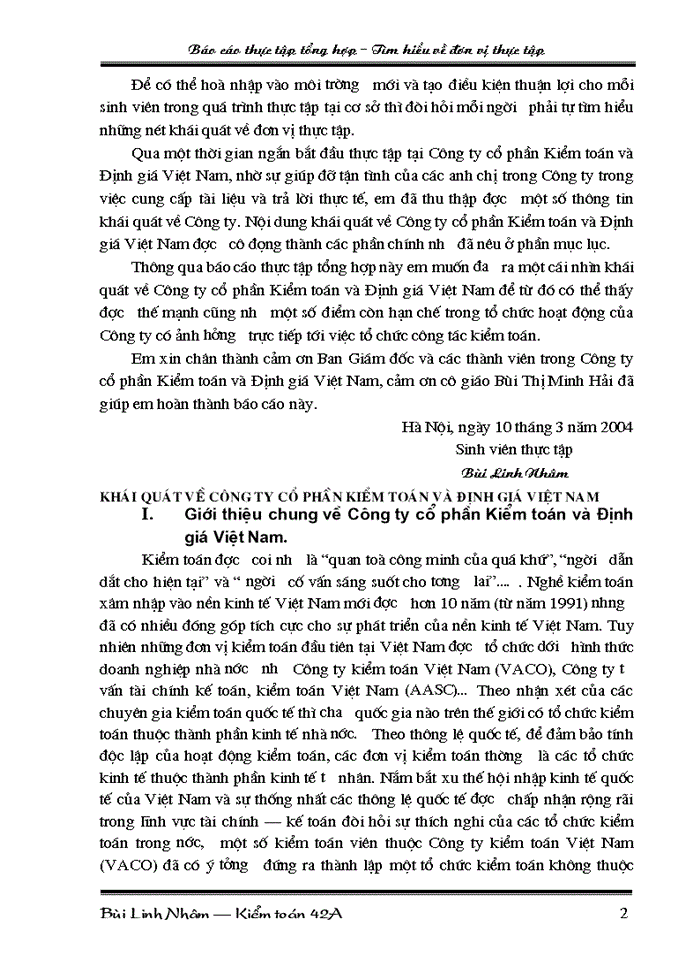 Báo cáo Tại Công ty cổ phần Kiểm toán và Định giá Việt Nam