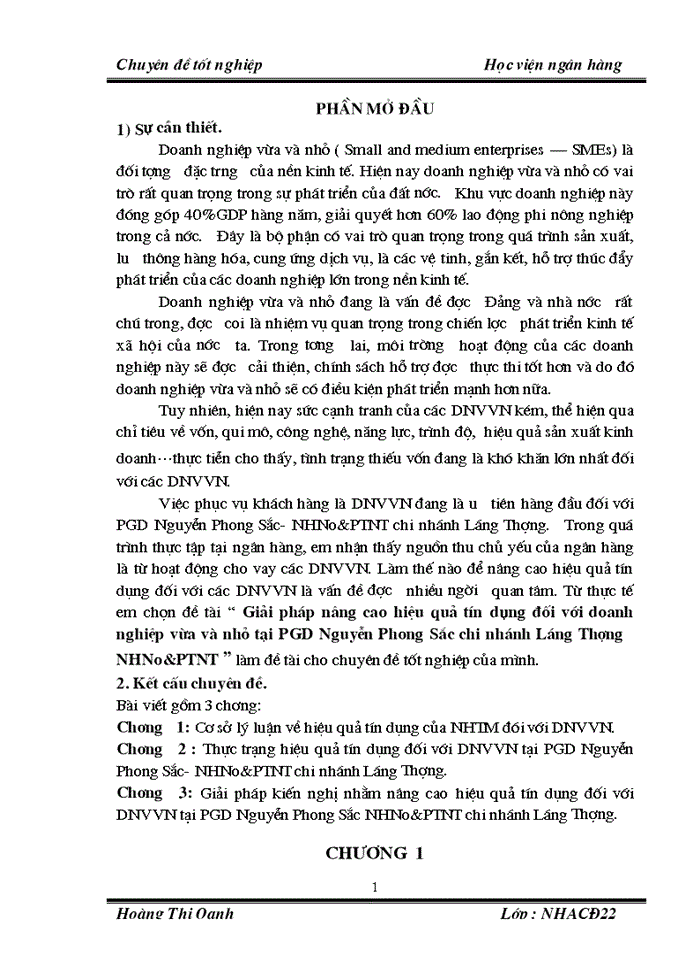 Giải pháp nâng cao hiệu quả tín dụng đối với doanh nghiệp vừa và nhỏ tại Phòng giao dịch Nguyễn Phong Sắc chi nhánh Láng Thượng Ngân hàng Nông nghiệp và Phát triển Nông thôn
