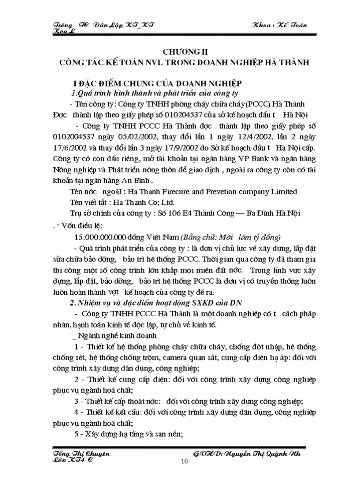 image for page Tổ chức công tác Kế toán Nguyên vật liệu Công cụ dụng cụ tại Công ty Trách nhiệm Hữu hạn Phòng cháy chữa cháy Hà Thành