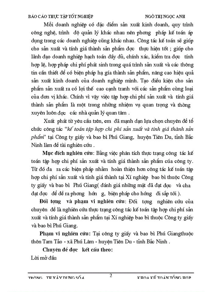 Kế toán tập hợp Chi phí sản xuất và tính Giá thành sản phẩm tại Công ty giấy và bao bì Phú Giang