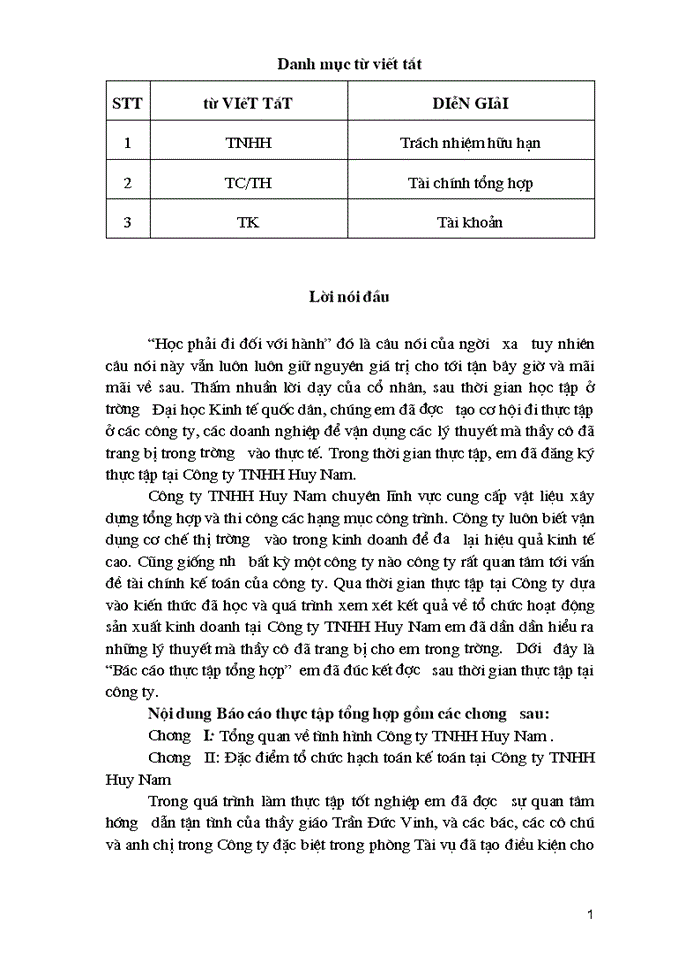 Báo cáo Tại tại ông ty Trách nhiệm Hữu hạn Huy Nam