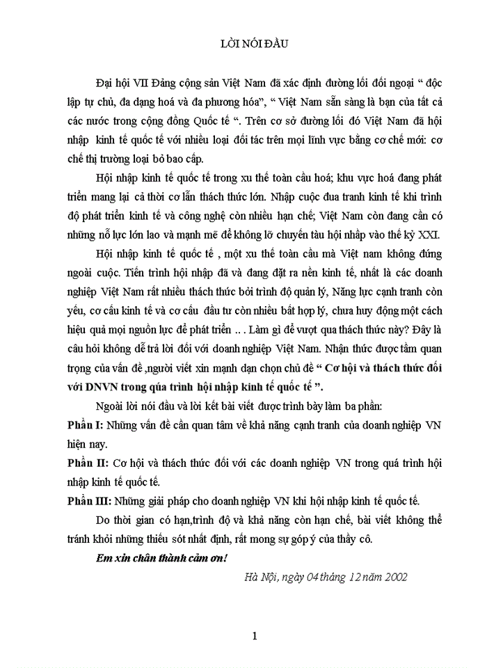 Cơ hội và thách thức đối với Doanh nghiệpViệt Nam trong qúa trình hội nhập kinh tế quốc tế