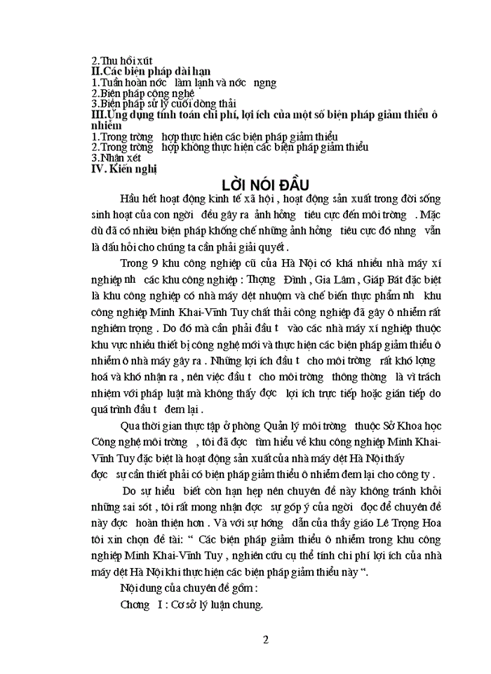 Các biện pháp giảm thiểu ô nhiễm trong khu Công nghiệp Minh Khai-Vĩnh Tuy nghiên cứu cụ thể tính chi phí lợi ích của nhà máy dệt Hà Nội khi thực hiện các biện pháp giảm thiểu này