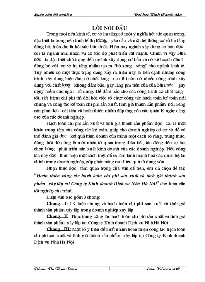 THS Hoàn thiện công tác hạch toán Chi phí sản xuất và tính Giá thành sản phẩm Xây lắp tại Công ty Kinh doanhDịch vụ Nhà Hà Nội