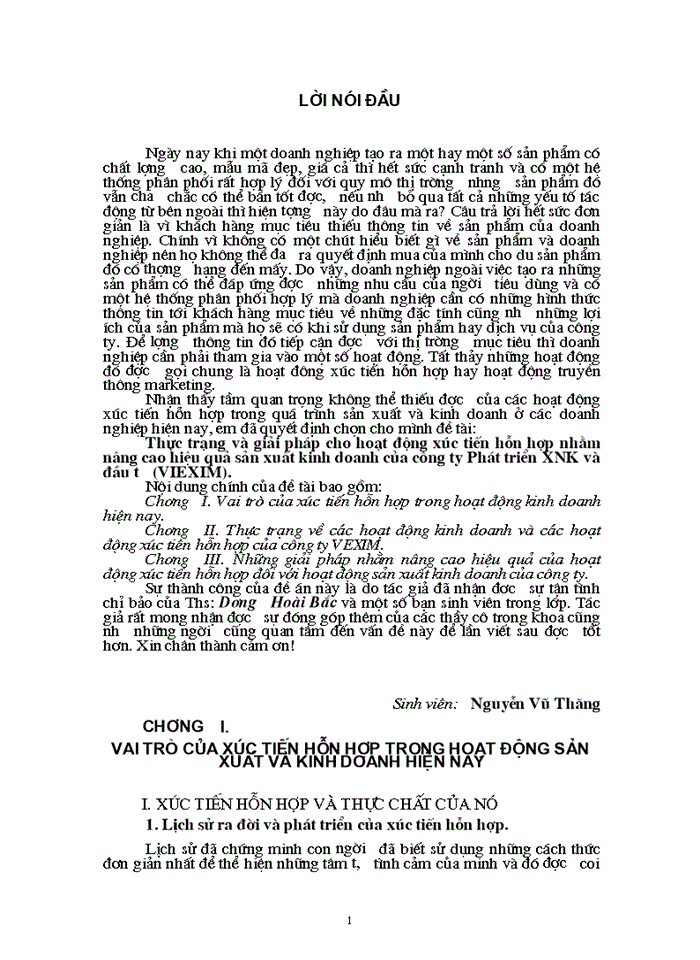 Thực trạng và Giải pháp cho hoạt động xúc tiến hỗn hợp nhằm nâng cao hiệu quả Sản xuất Kinh doanh của Công ty Phát triển Xuất nhập khẩu và đầu tư VIEXIM