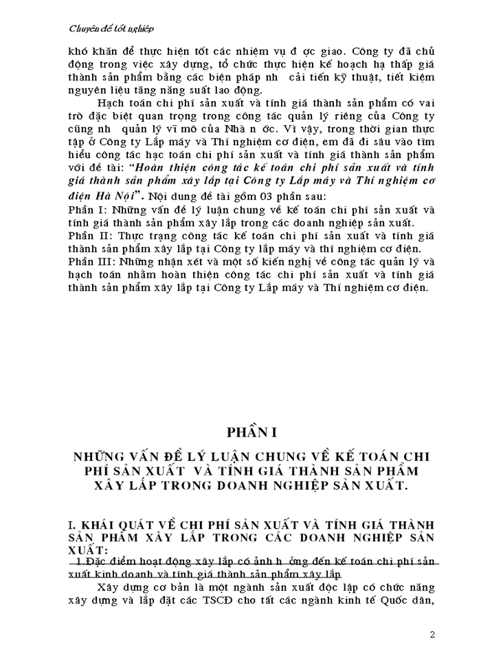 Hoàn thiện công tác Kế toán Chi phí sản xuất và tính Giá thành sản phẩm Xây lắp tại Công ty Lắp máy và Thí nghiệm cơ Điện Hà Nội