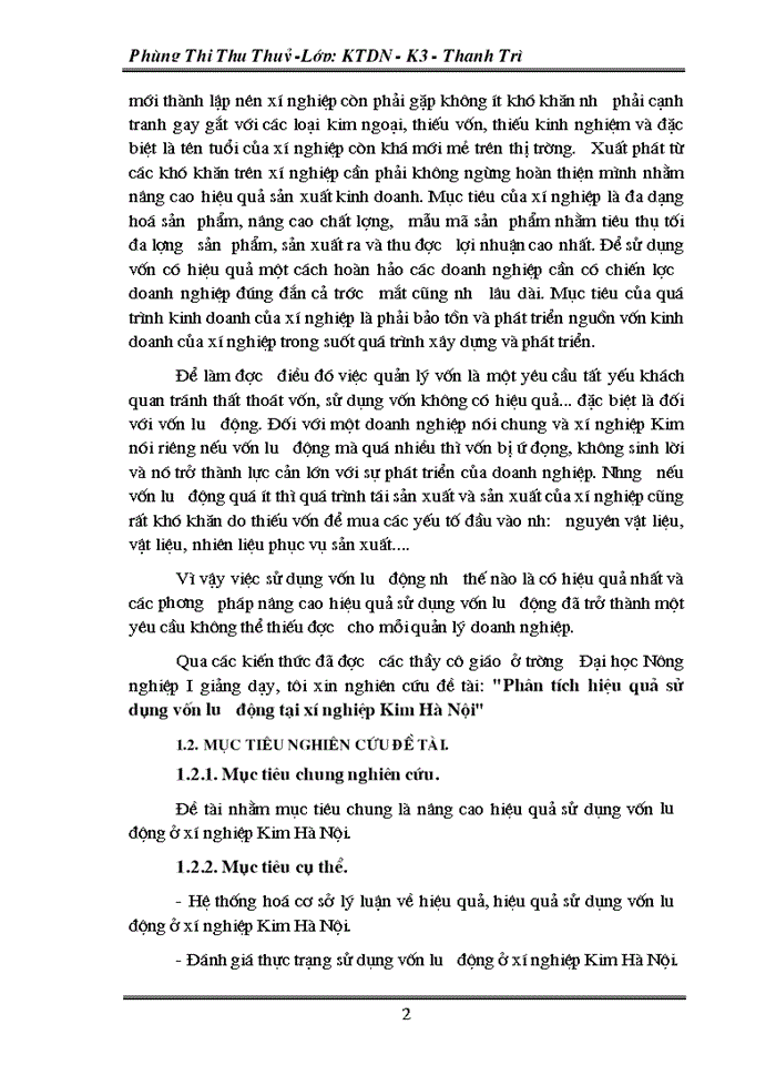 Phân tích hiệu quả sử dụng Vốn lưu động tại xí nghiệp Kim Hà Nội