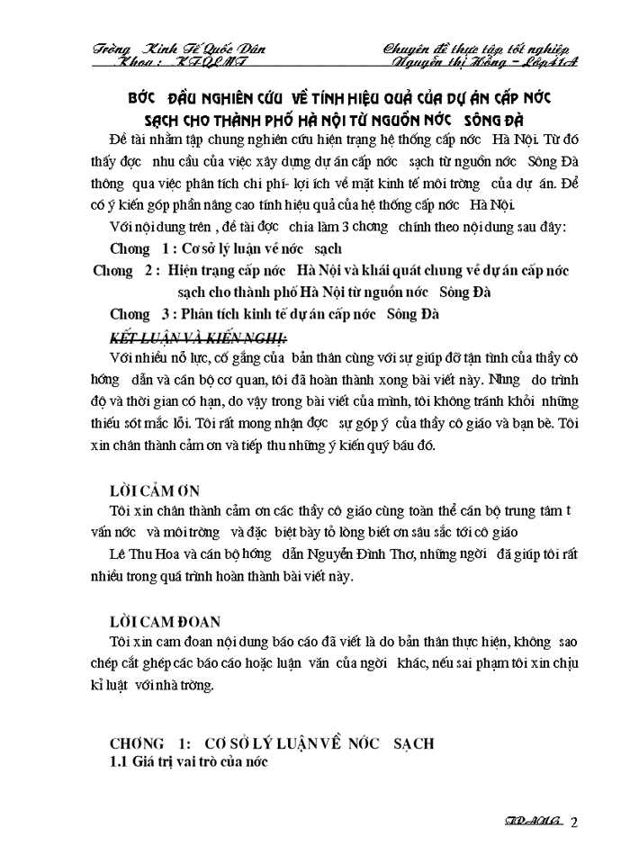 Bước đầu nghiên cứu về tính hiệu quả của dự án cấp nước sạch cho thành phố Hà Nội từ nguồn nước sông đà