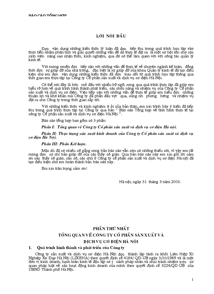 Báo cáo Tổng hợp về tình hình thực tế tại Công ty Cổ phần sản xuất và dịch vụ cơ Điện Hà Nội
