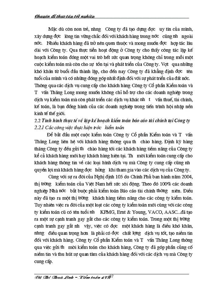 image for page Hoàn thiện lập kế hoạch Kiểm toán Báo cáo tài chính do Công ty Cổ phần Kiểm toán và Tư vấn Thăng Long thực hiện