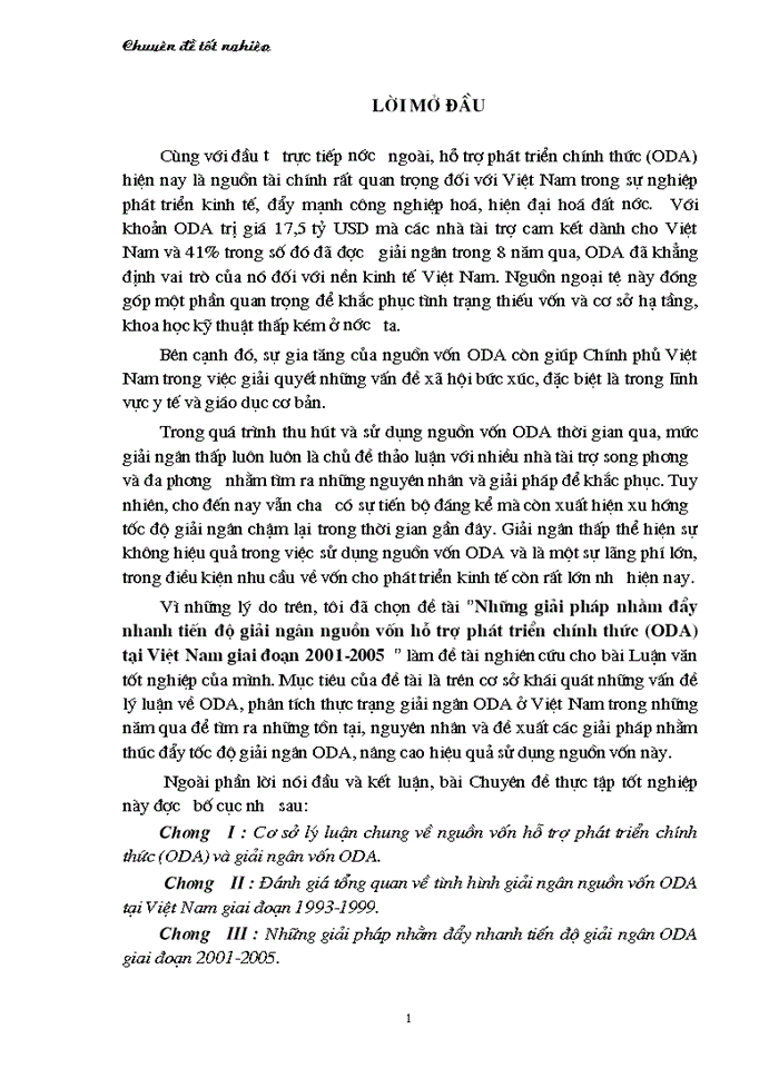 Những Giải pháp nhằm đẩy nhanh tiến độ Giải ngân nguồn vốn hỗ trợ phát triển chính thức ODA tại Việt Nam giai đoạn 2001-2005