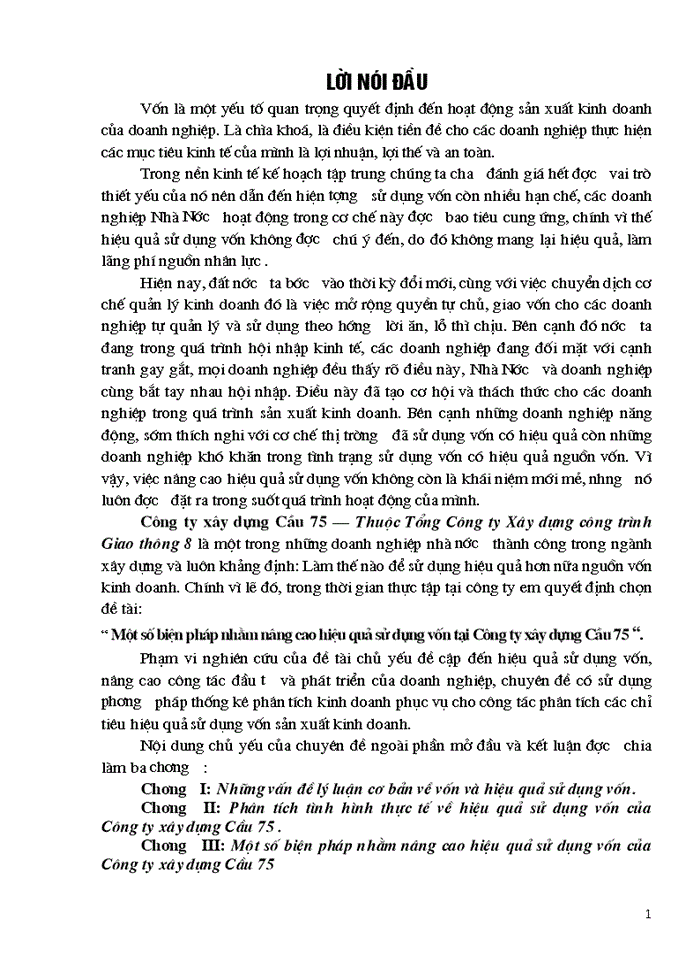 Một số biện pháp nhằm nâng cao hiệu quả sử dụng vốn tại Công ty Xây dựng Cầu 75