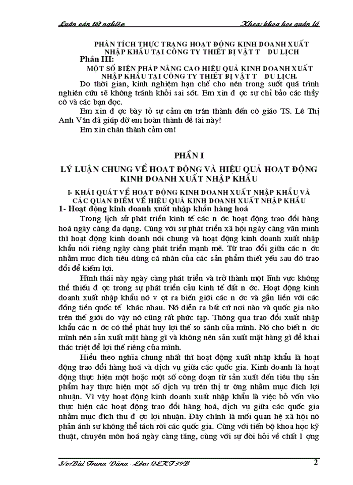 Một số biện pháp góp phần nâng cao hiệu quả Kinh doanh Xuất nhập khẩu tại Công ty thiết bị vật tư du lịch