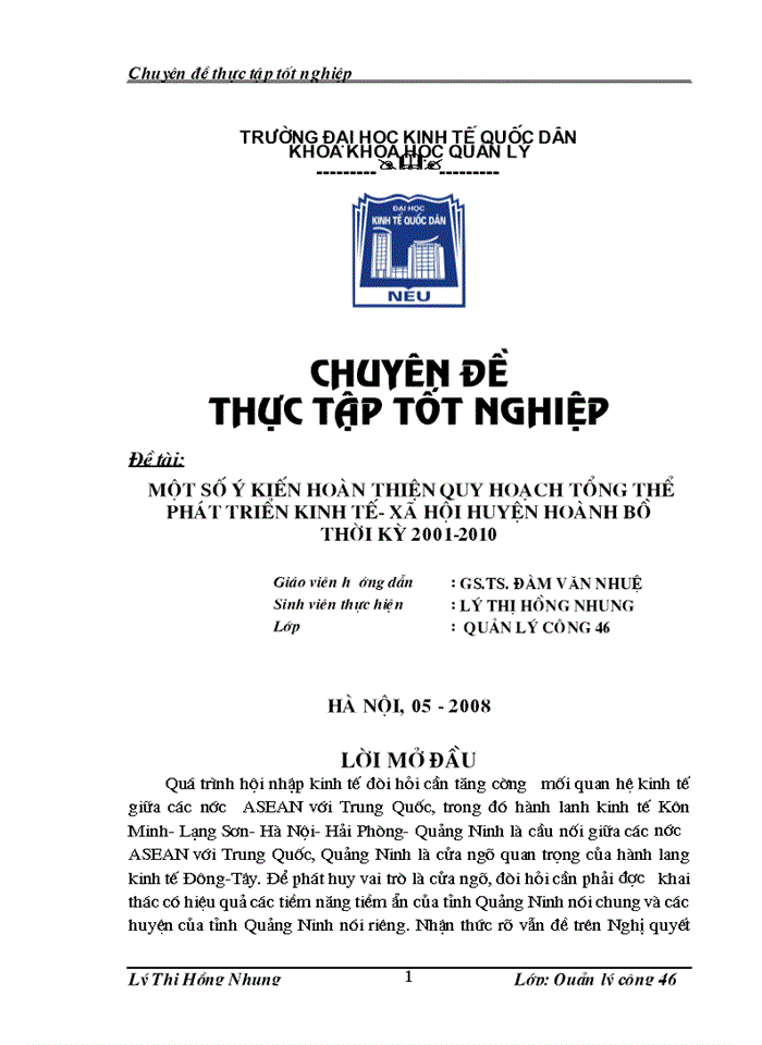 Một số ý kiến hoàn thiện quy hoạch tổng thể phát triển kinh tế- Xã hội huyện Hoành Bồ thời kỳ 2001-2010