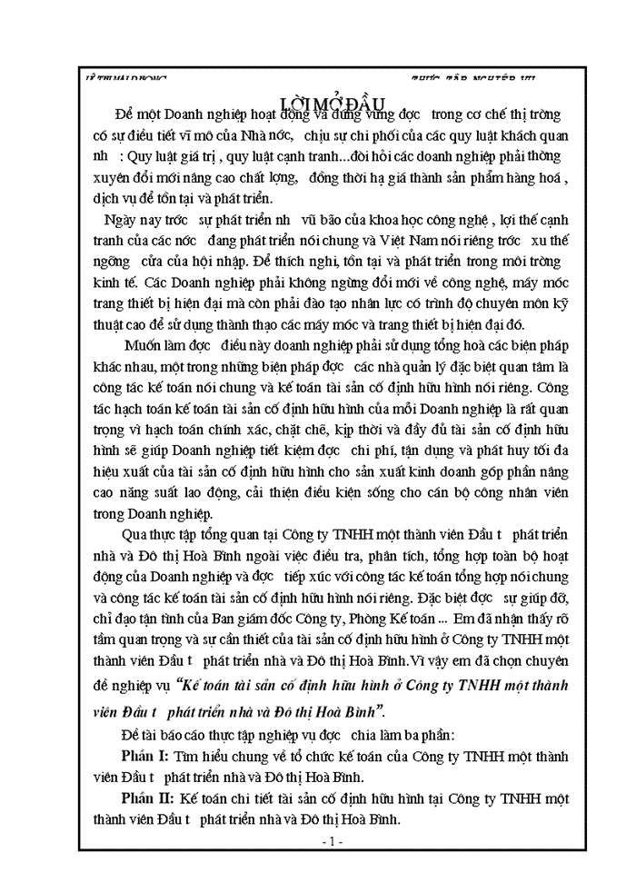 image for page Kế toán Tài sản cố định hữu hình ở Công ty trách nhiệm hữu hạng một thành viên Đầu tư phát triển nhà và Đô thị Hoà Bình