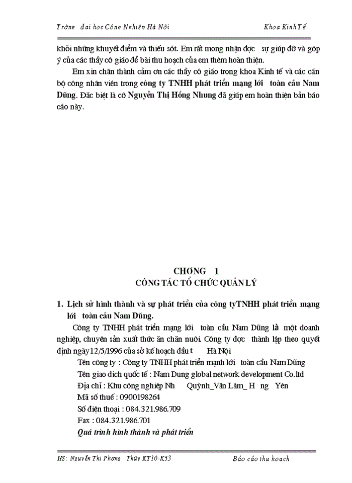 Báo cáo thu hoạch tai Công ty Trách nhiệm Hữu hạn phát triển mạng lưới toàn cầu Nam Dũng