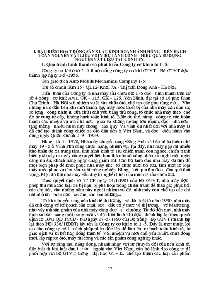 image for page Hoàn thiện công tác hạch toán Nguyên vật liệu với việc tăng cường hiệu quả sử dụng Nguyên vật liệu tại Công ty cơ khí Ô tô 1-5 l