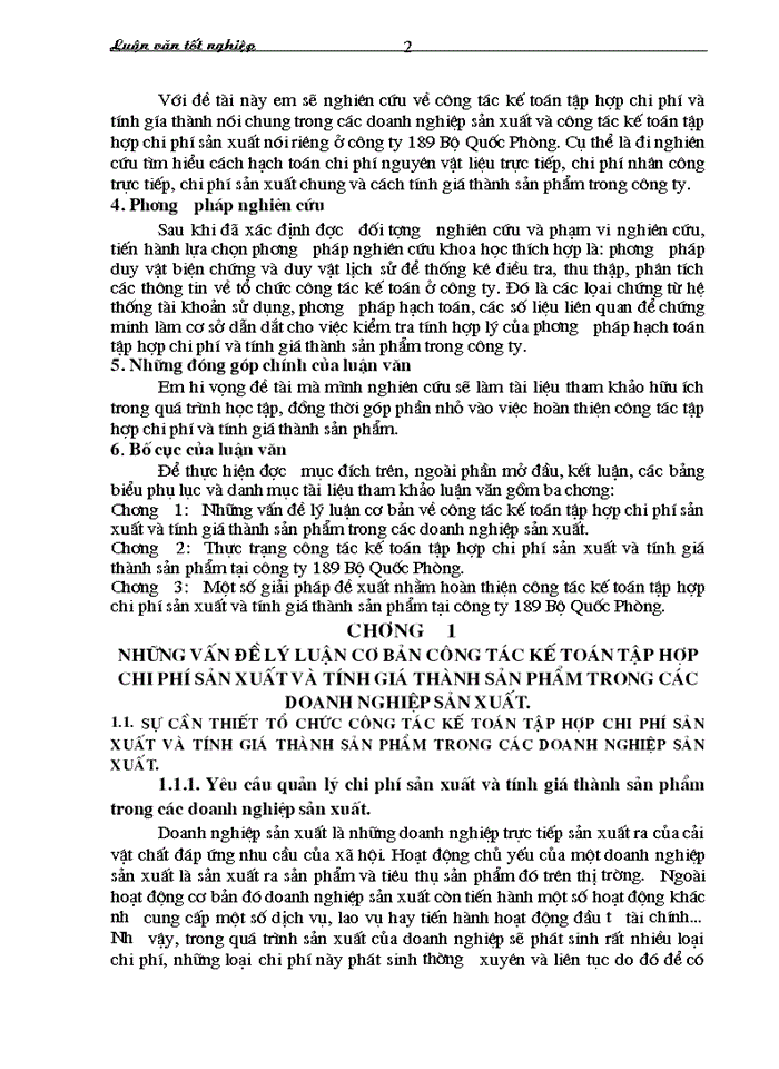 Hoàn thiện công tác Kế toán tập hợp Chi phí sản xuất và tính Giá thành sản phẩm tại Công ty 189 Bộ Quốc Phòng
