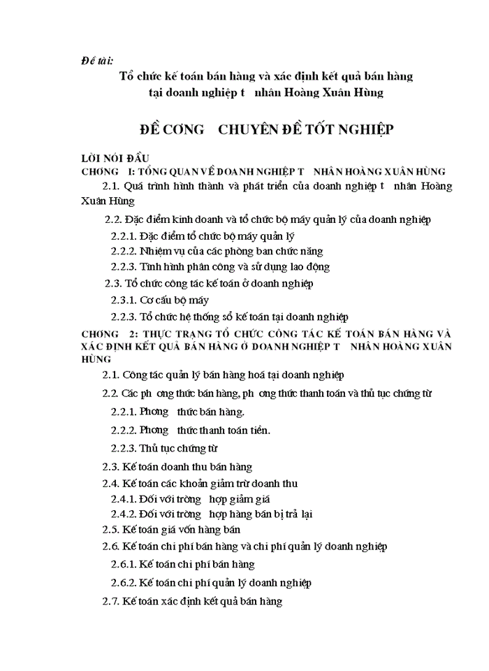 Tổ chức Kế toán bán hàng và xác định kết quả bán hàng tại doanh nghiệp tư nhân Hoàng Xuân Hùng
