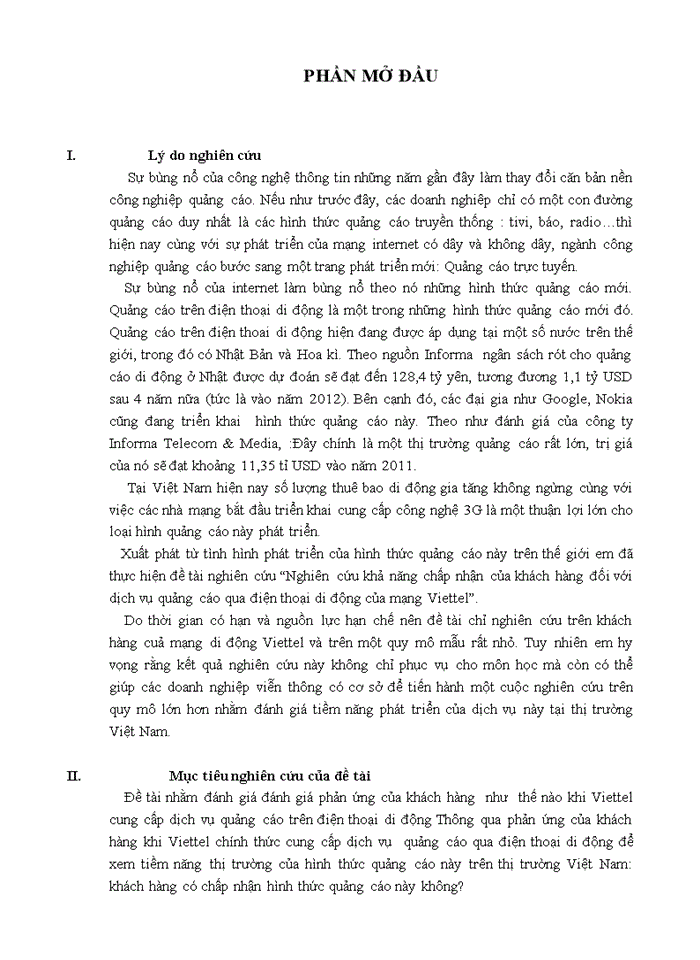 image for page Khả năng chấp nhận của khách hàng đối với dịch vụ quảng cáo qua điện thoại di động của mạng Viettel