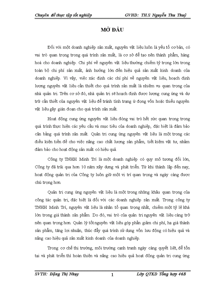 Giải pháp hoàn thiện hoạt động quản trị cung ứng Nguyên vật liệu tại Công ty Trách nhiệm Hữu hạn Minh Trí