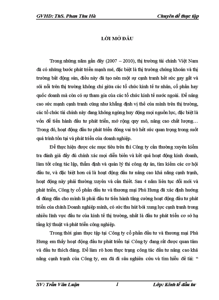 Đầu tư phát triển tại Công ty Cổ Phần Đầu Tư Và Thương mại Phú Hưng Thực trạng và giải pháp