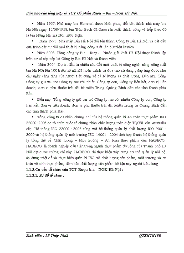 Bản Báo cáo tổng hợp về TCT Cổ phần Rượu Bia NGK Hà Nội