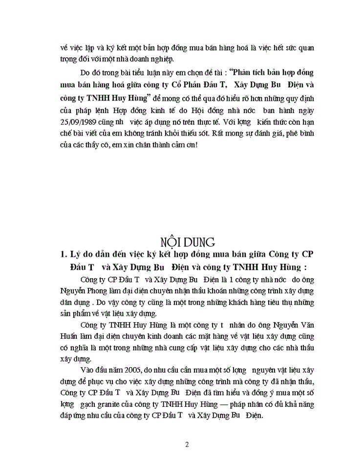 Phân tích bản hợp đồng mua bán hàng hoá giữa Công ty Cổ Phần Đầu Tư Xây dựng Bưu Điện và Công ty Trách nhiệm Hữu hạn Huy Hùng
