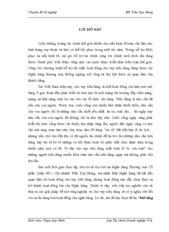 image for page Mở rộng hoạt động cho vay tiêu dùng tại Ngân hàng Thương mại Cổ phần Quân đội Chi nhánh Trần Duy Hưng