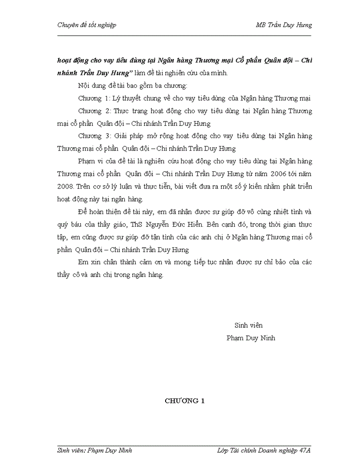 image for page Mở rộng hoạt động cho vay tiêu dùng tại Ngân hàng Thương mại Cổ phần Quân đội Chi nhánh Trần Duy Hưng