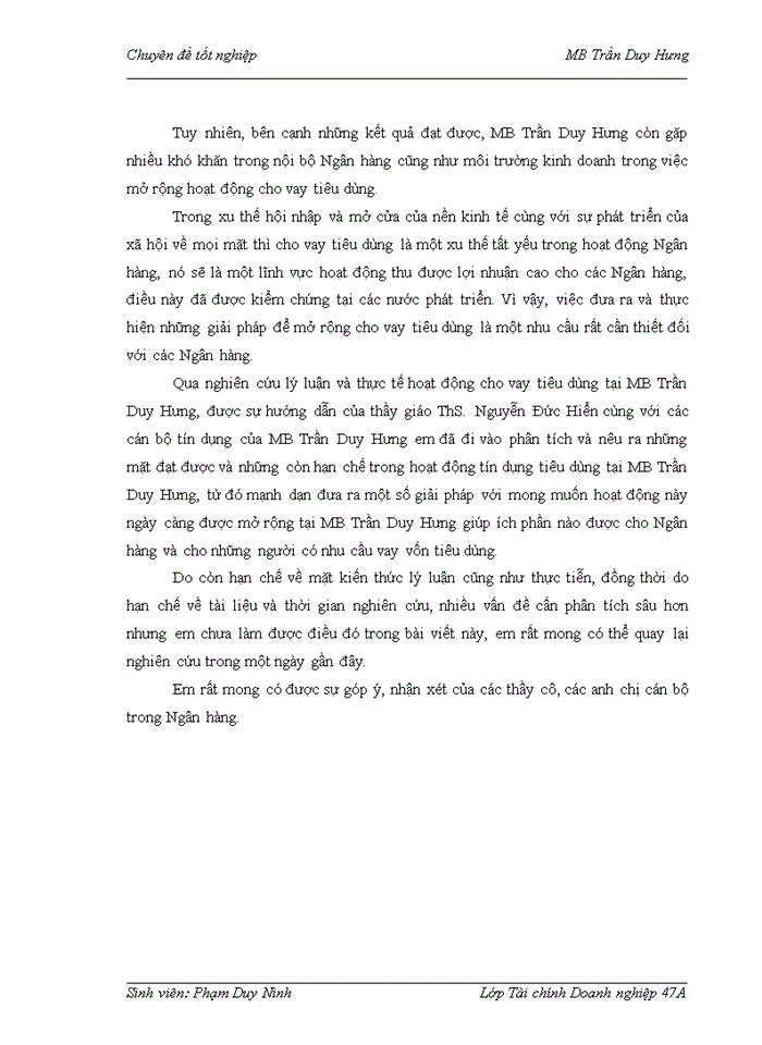 image for page Mở rộng hoạt động cho vay tiêu dùng tại Ngân hàng Thương mại Cổ phần Quân đội Chi nhánh Trần Duy Hưng