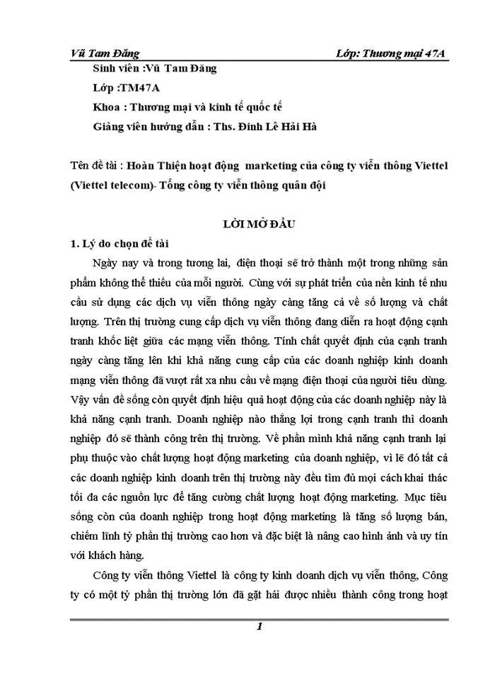 image for page Hoàn Thiện hoạt động marketing của Công ty viễn thông Viettel Viettel telecom - Tổng Công ty viễn thông quân đội