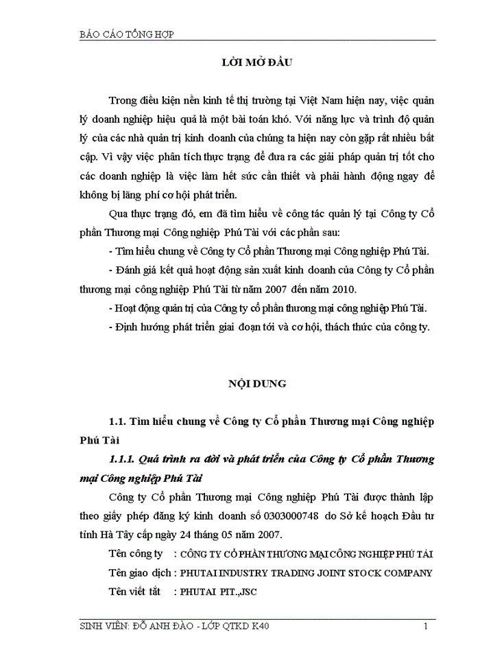 Báo cáo tổng hợp tại Công ty Cổ phần Thương mại Công nghiệp Phú Tài