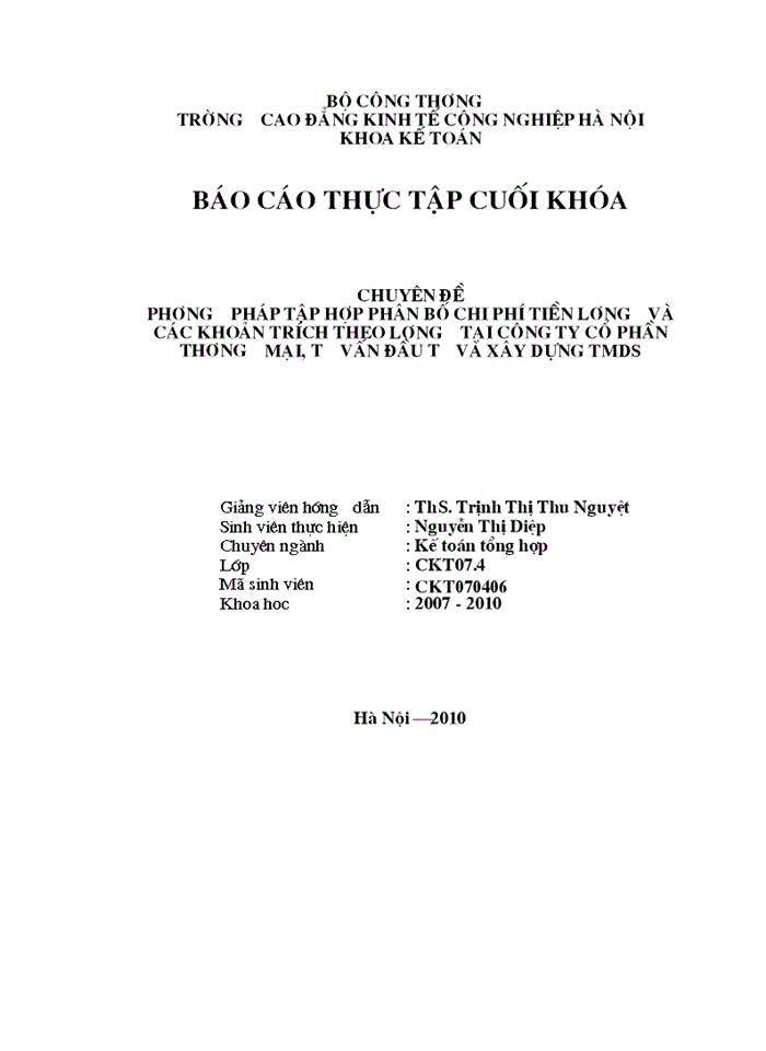 Phương pháp tập hợp phân bổ chi phí tiền lương và các khoản trích theo lương tại Công ty Cổ phần Thương mại đầu tư và Xây dựng Thương mạiDS