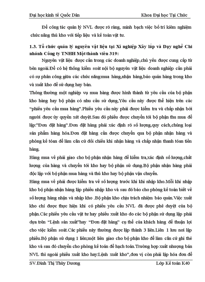 Kế toán Nguyên vật liệu tại Xí nghiệp Xây lắp và Dạy nghề Chi nhánh Công ty Trách nhiệm Hữu hạn Một thành viên 319