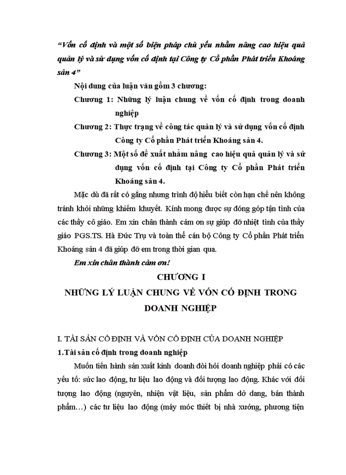 image for page Vốn cố định và một số biện pháp chủ yếu nhằm nâng cao hiệu quả quản lý và sử dụng Vốn cố định tại Công ty Cổ phần Phát triển Khoáng sản 4