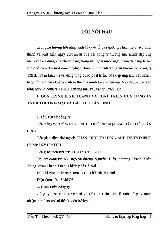 image for page Báo cáo tổng hợp về Công ty Trách nhiệm Hữu hạng Thương mại và Đầu tư Tuấn Linh