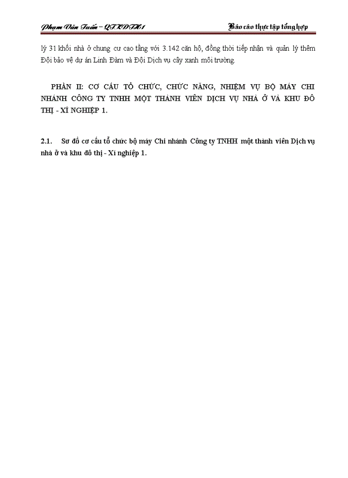 image for page Cơ cấu tổ chức chức năng nhiệm vụ bộ máy chi nhánh Công ty Trách nhiệm Hữu hạng một thành viên dịch vụ nhà ở và khu đô thị - xí nghiệp 1