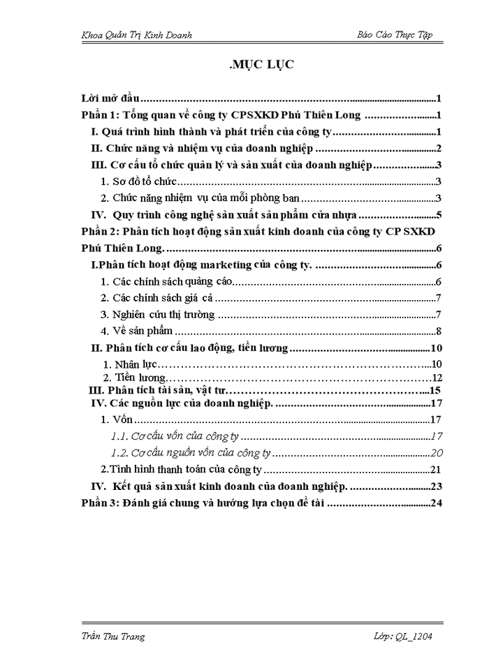 Phân tích hoạt động sản xuất kinh doanh của Công ty Cổ phần Sxuất khẩu inh doanh Phú Thiên Long